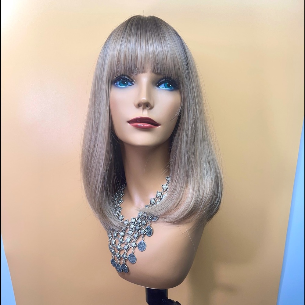 6082-16”Ombre Dark Brown Root to Ash Blond Curved Bottom Wig